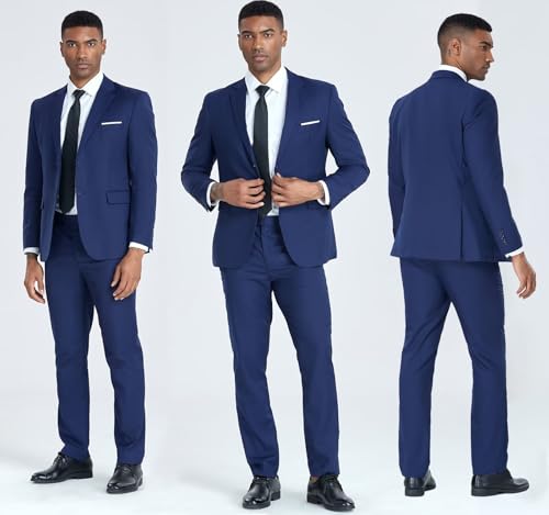 Mens 2 Piece Slim Fit Suit Set Two Button Solid Suit Jacket Pants with Tie Notch Lapel Casual Wedding Suits4
