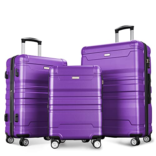 Expandable ABS Hardshell 3-Piece Luggage Set with Spinner Wheels & TSA Lock - Purple