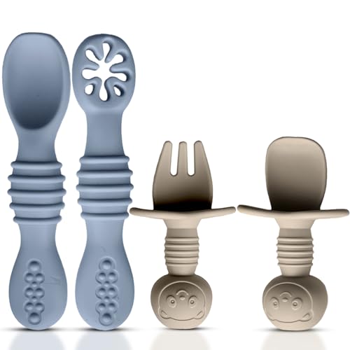 Image of HippoBaby 4pc Silicone Baby Spoons Self Feeding Baby Utensils 6-12 Months - 3 Baby Spoon - 1 Baby Fork - Toddler Cutlery Set - BPA Free, Dishwasher Safe - Baby Eating Essentials (Gray/Beige)