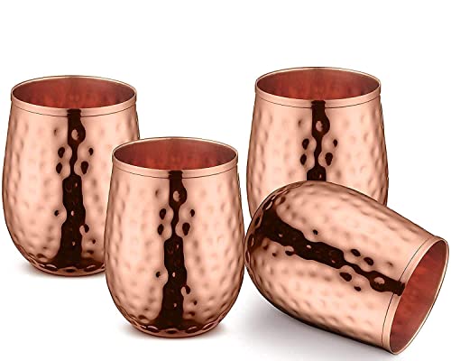 BOLD & DIVINE Copper Wine Glasses | Set of 4 | 17oz Each | Gleaming 100% Solid Hammered Copper Stemless Wine Cups Great Copper Tumblers