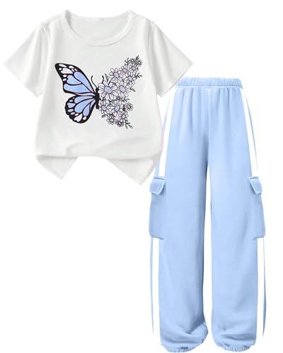 Image of Girls 2 Piece Outfit, Graphic Short Sleeve T-Shirt and Cargo Jogger Sweatpants Set, Ages 4-13