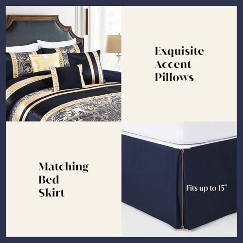 Image of CozyDH Luxury Comforter Set Queen Size, Navy Blue Gold - 7 Piece Bed in a Bag Jacquard Vintage Floral Damask, All Season Down Alternative Bedding with Bed Skirt, Shams, Decorative Pillows, 90x90 in