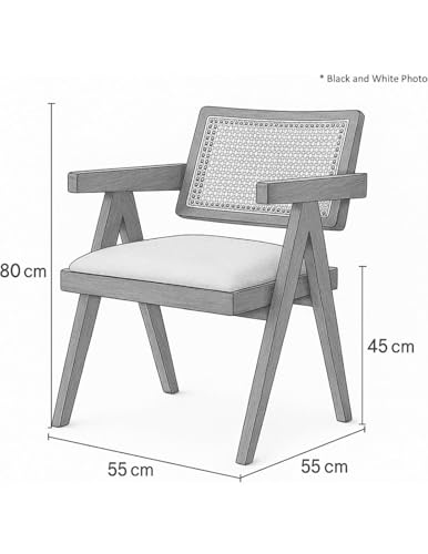 Image of Modern Cane Back Accent Chair, Black Wood Frame with Natural Rattan, Ivory Cushioned Seat, Contemporary Living Room Furniture