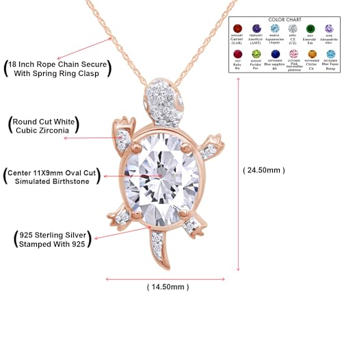 Sea Turtle Pendant Necklace, 14K Rose Gold Over Sterling Silver, Oval & Round Cut Simulated Birthstone & White Cubic Zirconia, 18" Chain, Ocean Jewelry Gift for Women4