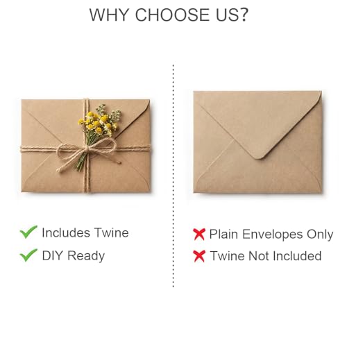 Mini Kraft Envelopes 200 Pack with Twine, 4 x 2.75 Inch Small Brown Kraft Paper Gift Card Envelopes, Rustic V Flap Mini Envelopes for Cash, Jewelry, Business Cards, Wedding Favors — view 6