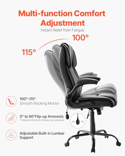Image of VEVOR Executive Office Chair with Lumbar Support, 300lb Capacity Office Chair with Flip-up Armrests & Lumbar Pillow, Height Adjustable Ergonomic Chair, PU Leather Reclining Home Office Desk Chairs