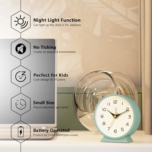 Image of AYRELY 4.5 inch Analog Alarm Clock,Small Retro Desk Clock Battery Operated,Silent Metal Table Clock with Light for Living Room Decor,Bedroom,Bedside,Shelf (Green)