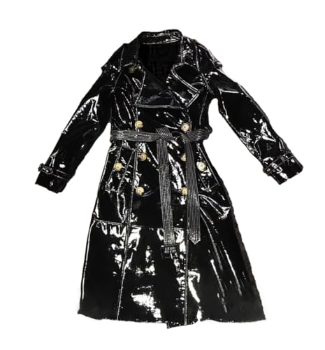 Trench-coat réfléchissant de luxe en similicuir verni coupe ajustée