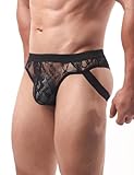 ohmydear Herren String Tanga Jockstrap Männer Niedrige Taille Unterhosen Slip Sissy Dessous Ouvert Höschen Sexy Spitze Unterwäsche mit Elastischer Bund Transparent Gay Thong Schwarz M