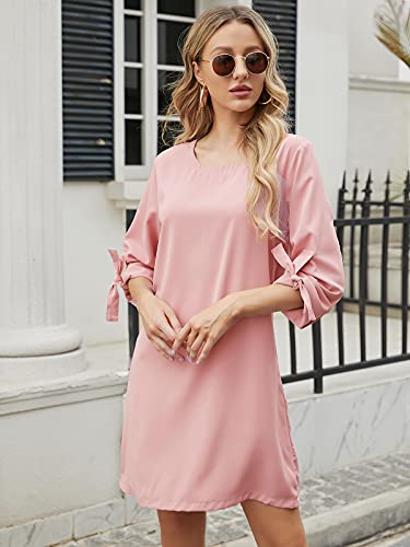 Yoins Summer Dresses For Women Short Sleeves T Shirts Solid Crew Neck Tunics Self-Tie Blouses Mini Dresses Advanced Version-Pink M #TOP2