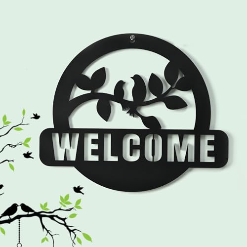 Image of Gift Kya De Wooden Welcome Sign for Home Entrance | Bird Wall Hanging Decor | GKD Laser Cut Welcome Board for Living Room, Office & Cafe (Black)