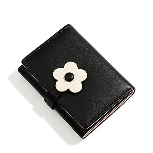 kuifang Girls Cute flowers Print Wallet, Small Tri-folded Aesthetic Wallet, PU Leather Purse Cash Pocket Card Holder ID Window Purse for Women(black)
