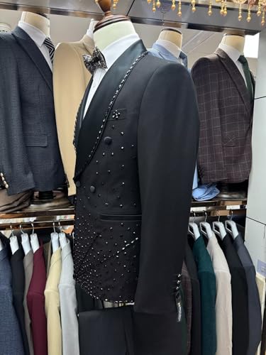 SAROULU Luxury Mens Suit 3 Piece Black Beaded with Jacket Vest Pants Men Tuxedo for Wedding Party Prom3