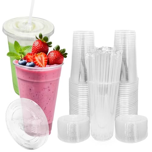 XUANPEILIN [50 SETS] 32 oz Cups with lids, Plastic cups with lids and straws, iced coffee cup, suitable for takeout iced coffee cold drinks, smoothies, juices, parfaits, Frappuccinos, and milkshakes.