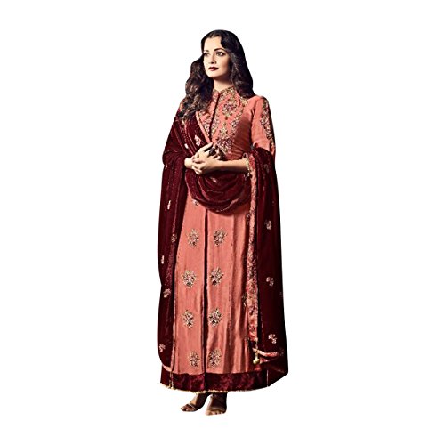 Salwar Kameez indien brodé rose avec jupe longue et veste en filet pour femme