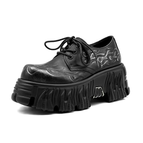 Gothic Punk Platform Oxford Shoes for Women Synthetic Leather Chunky Lug Sole Wedge Creeper Fashion Walking Shoes for Streetwear Costume Halloween Flame Bottom (9,Black)
