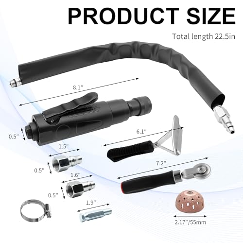 Image of Tire Patch Kit - 55mm Tungsten Steel Buffing Wheel with 2 Quick-Change Connectors, Tire Patch Roller & Scraper,Low Speed Air Tire Repair Buffer Tool