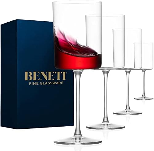 BENETI Large Square Wine Glass Set of 4-17 oz European-Made Hand Blown Glass White Wine Goblets w/Laser-Cut Rim, Dishwasher-Safe Crystal Clear Red Wine Glass Gift Set