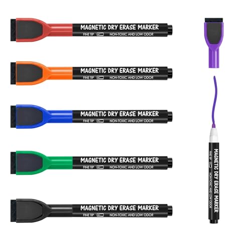 maxtek Feutre Tableau Blanc Effacable, 6 Magnétique Feutre Ardoise Effacable à Pointe Fine, Marqueur Tableau Blanc Effacable Faible Odeur Stylo Avec Gomme(6...