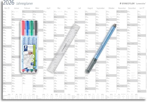 STAEDTLER Jahresplaner Wandkalender 2026 | Lumocolor Set 4 Farben + Lineal | Trocken abwischbar | Ferien- & Feiertagsplaner | Größe DIN A1 | DEZ 25 + JAN 27 | Sonderedition | 641 YP-1DE