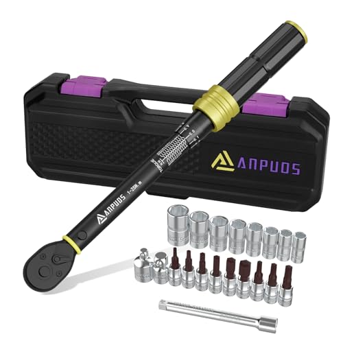 ANPUDS Llave Dinamométrica 1/4'', Llave de Torque 1-25 Nm, 72 Dientes, 21 Piezas Llave Dinamométrica Set con Extensión, Adaptador, Torx, Bits, para Reparación y Mantenimiento de Bici