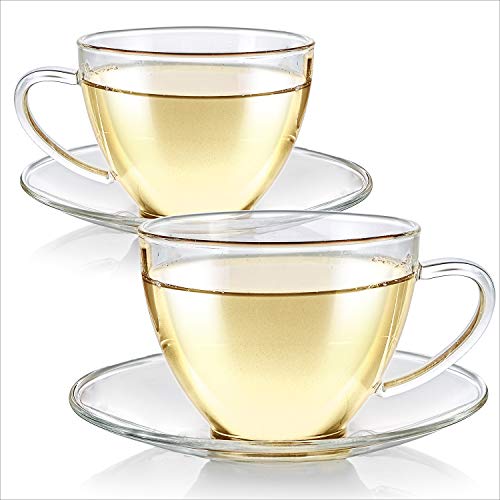 Teabloom Royal Teacup and Saucer Set 2-Pack â€“ Standard Teacup Size â€“ 6 OZ/ 180 ML Capacity â€“ Crystal Clear Classic Design â€“ Premium, Healthful Borosilicate Glass â€“ Durable and Heat Resistant
