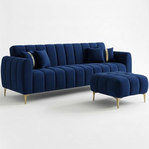 Image of CASASTYLE Hanster 4 Seater L Shape Sofa Set with Movable Ottoman | Flexible Left or Right Layout | Cozy Velvet Fabric | Soft Touch Seating with Golden Legs | Sofa for Living Room (Dark Blue)