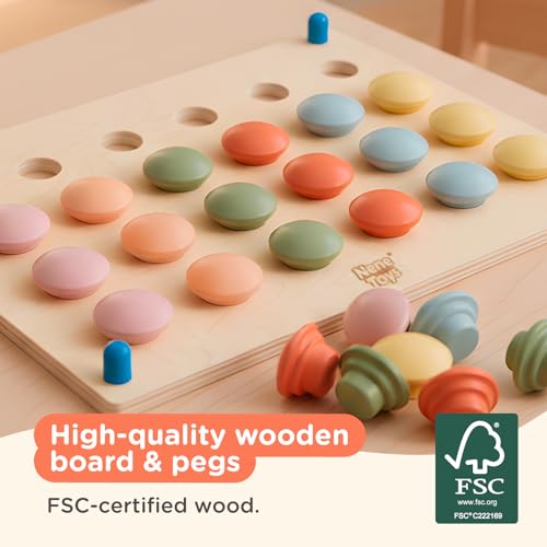 Image of Nene Toys Wooden Color Matching Pegboard for Toddlers 2+ - Pastel Button Art Mosaic Puzzle with 24 Wooden Pegs & 12 Pattern Cards - Montessori Fine Motor Toy for 2 3 Year Old Boys Girls