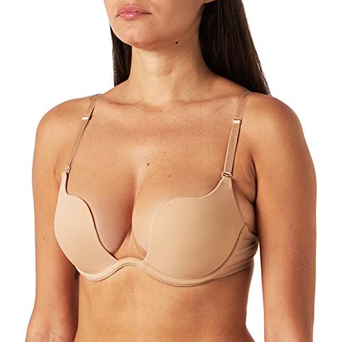 Wellyu BHs für Frauen Sexy Push Up Dekolleté Plunge BH Deep U Multiway Convertible Low Back BH mit transparentem Träger - Orange - 75D