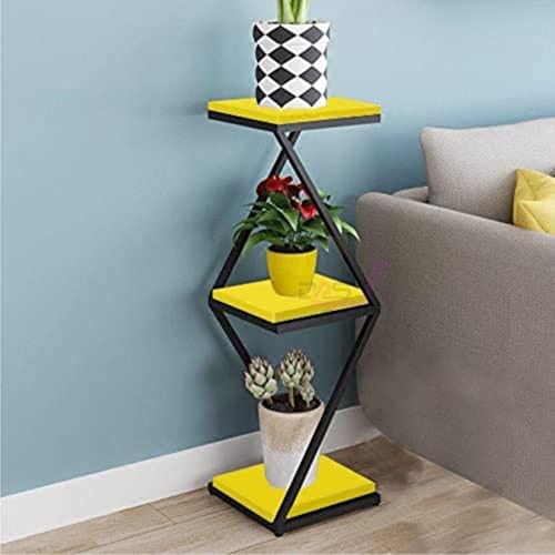 Dime Arts Shoppee 3 Tier 3 Potted Iron-Wood Plant Stand, Curved Flower Pot Holder Shelf for Indoor Outdoor (Yellow)