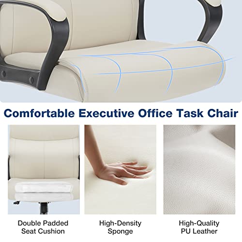 Executive Office Chair Computer Desk Chair With Padded Armrests, Ergonomic Chair Mid Back Lumbar Support And Adjustable Height & Tilt Angle Home Office Desk Chairs Pu Leather Swivel Chair, Cream #TOP3