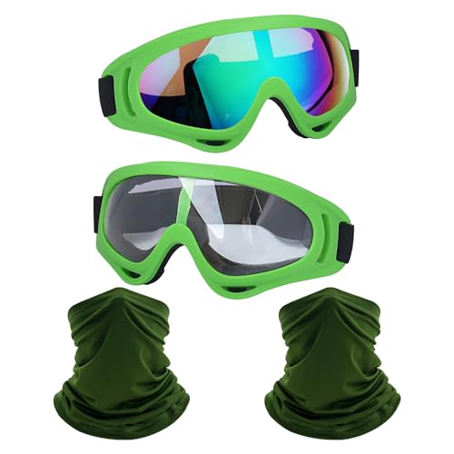 Image of LJDJ Motorcycle Goggles,2 Pack Dirt Bike ATV Motocross Riding Hiking Protective with 2 Pack Neck Breathable Bandana Mask (Green /Clear+Colorful Lenses)