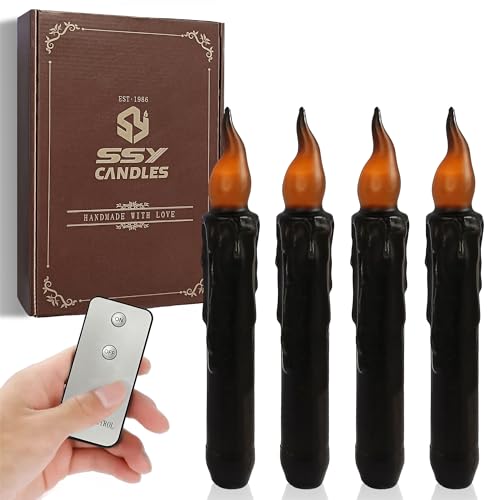 Image of Black Candlesticks Flameless Taper Candle, 4pcs Real Wax LED Tapered Candles Remote Dipped Candle 6inches Battery Chandelier for Enchanting Weddings Harry Potter Inspired Vigils,B
