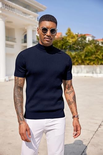 Image of DENIMHOLIC Mens Cotton High Neck T Shirt for Men Half Sleeve Turtleneck Tshirt Cotton Highneck Turtle Neck for Men Mock Neck for Man