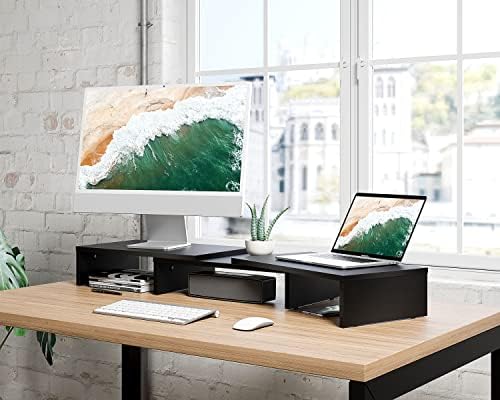 FITUEYES Dual Monitor Stand Wood PC Laptop Computer Screen Riser, 3 Shelf Swivel Length Adjustable, Home Office Supplies, Desk Organzier, Max Load 25kg, Black