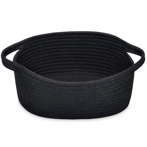 Image of ABenkle Small Basket with Handles, Boho Decorative Rope Woven Dog Cat Toy Storage Bin Shelf Storage Organizer, Easter Christmas Gift Basket, 12 inchx8 inchx5 inch, Black