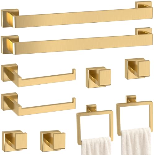 Image of 10-Pieces Gold Bathroom Accessories Set, 24 Inch Towel Bar Set | Stainless Steel, Towel Ring, Toilet Paper Holder, Robe Hooks, Towel Racks for Bathroom Wall Mounted, Bathroom Hardware Set