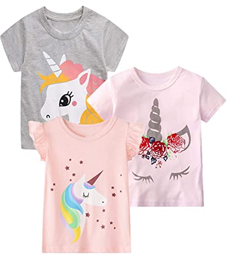 Toddler Girl Short Sleeve Tee Shirts Sets Cotton Casual Crewneck Pink Grey Unicorn Tops T-Shirts 3 Packs 2T2