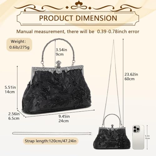Image of 1920s Clutch Purses for Women, Embroidery Sequin Rhinestone Evening Bag | Top handle and removable shoulder chain, lightweight sequin floral design. Ideal for weddings, galas and formal events