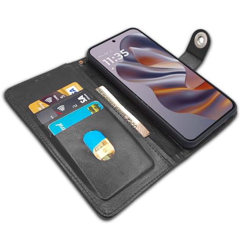 Image of Pikkme Flip Cover Leather Finish | Inside TPU with Card Pockets | Wallet Stand and Shock Proof | Complete Protection Button Flip Case for Moto Edge 50 Neo 5G (Black)
