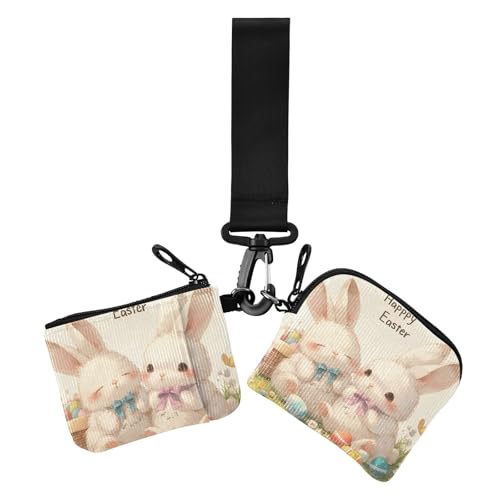 Happy Easter Cartoon Cute White Rabbit Women's Wallets Card Cases Slim Portable Wristlet Wallet Key Holder with Wristlet Strap for Work Travel 2 Pcs