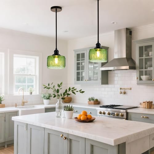 Image of MAYNA 2 Pack Modern Pendant Light with Green Striped Glass Lmapshade, Black Vintage Pendant Light, Adjustable Hanging Light for Kitchen Island Dining Room Hallway(Bulb Included)