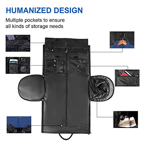 Carry On Garment Bag, Waterproof Mens Garment Bag for Travel Business, Large Leather Duffel Bag with Shoe Compartment -Black