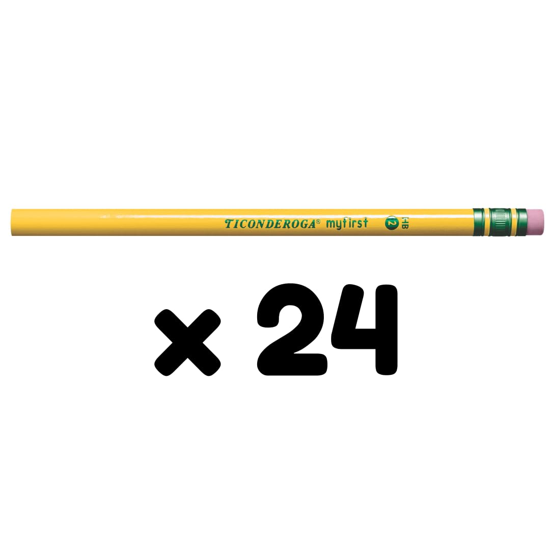 Ticonderoga Paquete de 2 lápices de primaria para principiantes, con borrador, 2 minas, barril amarillo, paquete de 12