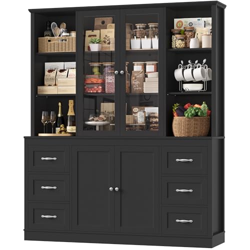 HIFIT 74.4\'\'Hx63\'\'W Large Hutch Cabinet with Storage, Glass Doors Kitchen Hutch China Cabinet, Kitchen Pantry Storage Cabinet, Tall Bookshelf with Drawers, Black