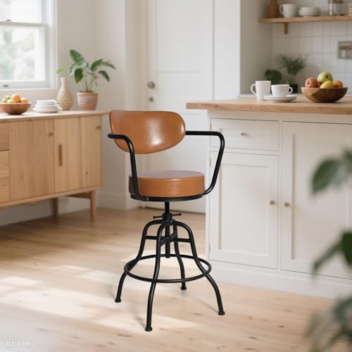 Butaco industrial moderno con respaldo, reposabrazos y reposapiés: asiento giratorio flexible y altura ajustable de 21,7" a 25,6" - cojín suave y cuero liso - elegante color marrón con estructura metálica miniatura 2