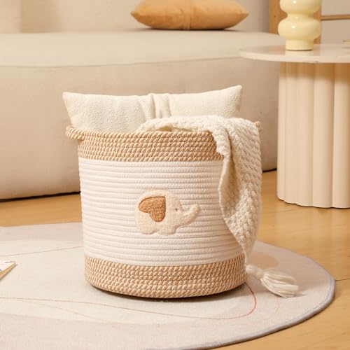 Image of Toy Storage Baskets Woven Cotton Rope Storage Basket for Kids, Blanket Baskets for Living Room Toy Basket Box Toys Organizer with Embroidery Decor Cute Baskets for Nursery, Playroom (Elephant)