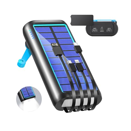 Image of Solar Power Bank, 22.5W /PD18W, 61,200 mAh, Rapid Charging, Hand Crank Charging, Solar Charger, Disaster Prevention, Built-in 4 Cables, Type-C Mobile Battery, Solar, IPX7 Waterproof, Shockproof, Mobile