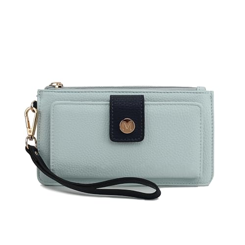 MKF Collection Wallet Wristlet for Women, Multi Compartment Color Block Wristlet Strap Purse Light Blue Navy By Mia K