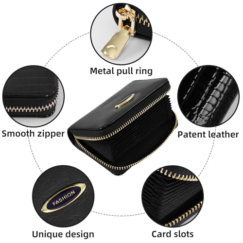 ANEW Credit Card Holder for Women, Small Cute Wallet with Zipper, Card Hold Case Coin Purse, Patent Genuine Leather Wallet Card Case Credit Card Holder Coin Purse with Zipper for Women Ladie (Black)4